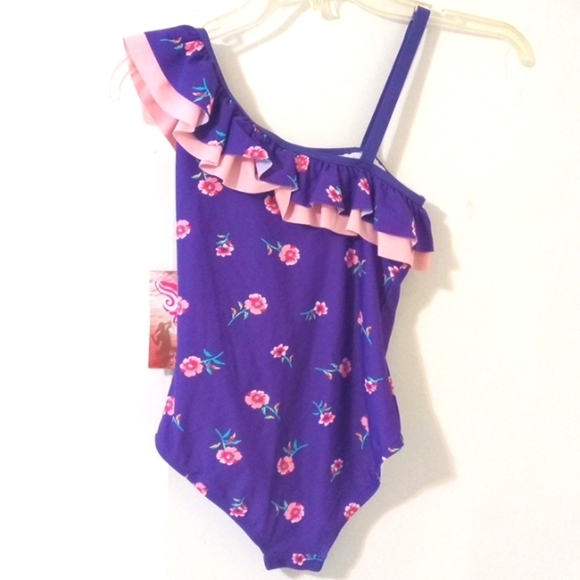KANU SURF GIRLS PURPLE PINK FLORAL OFF SHOULDER ONE PIECE SWIMSUIT SIZE 12 NWT - Picture 4 of 6